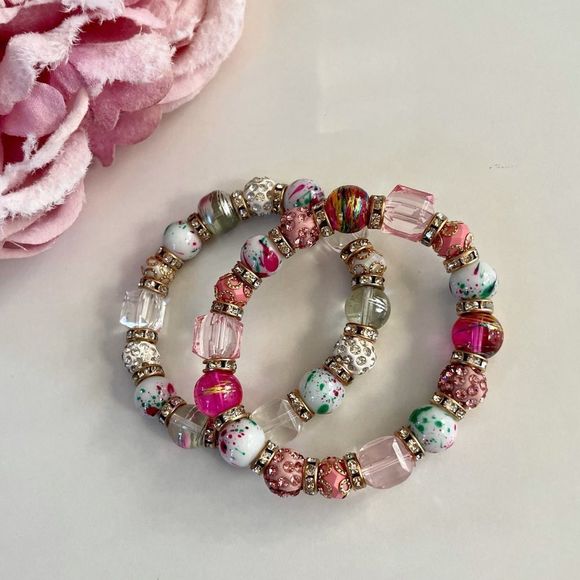 Set of 2 Bead Bracelets, Glass, Acrylic & Crystal, Stretch, Pretty Paste… - Picture 3 of 6